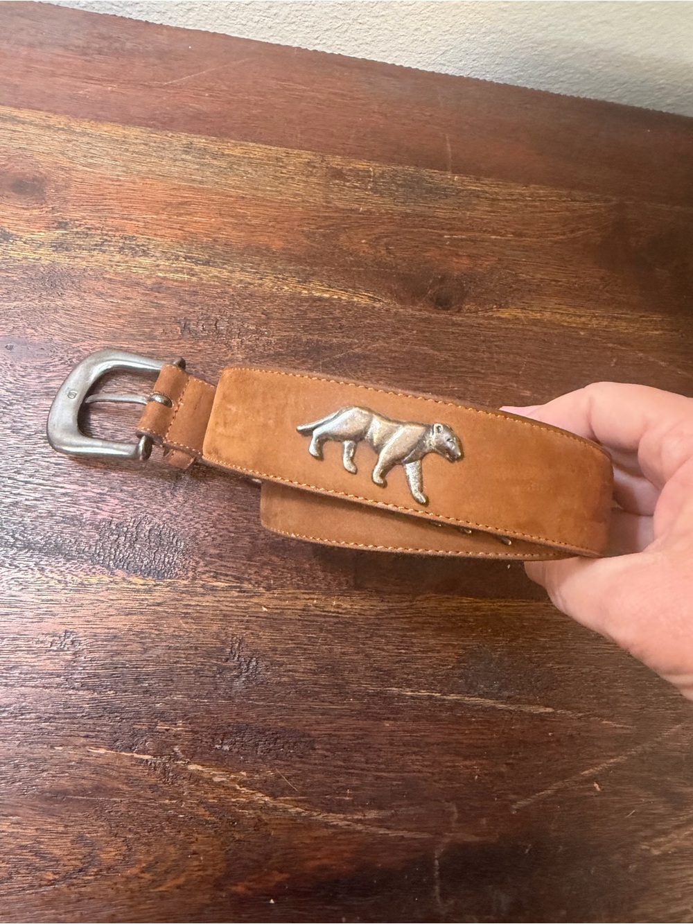 Leather Belt with Silver animal Accent - Brown made in France size 34